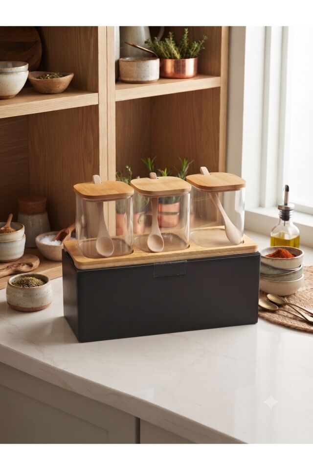 Bambu Kapaklı Kaşıklı 3'lü Borosilikat Cam Baharatlık Seti ve Ahşap Standlı Organizer (3 x 350 ml)