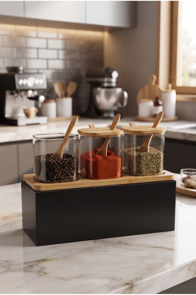 Bambu Kapaklı Kaşıklı 3'lü Borosilikat Cam Baharatlık Seti ve Ahşap Standlı Organizer (3 x 350 ml)