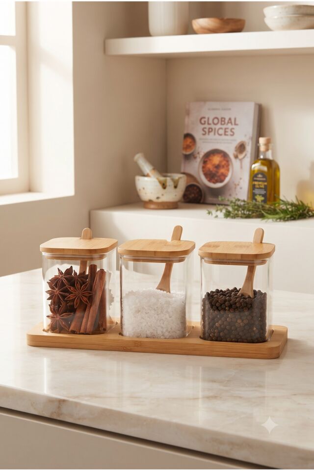 Bambu Kapaklı Kaşıklı 3'lü Borosilikat Cam Baharatlık Seti ve Ahşap Standlı Organizer (3 x 350 ml)