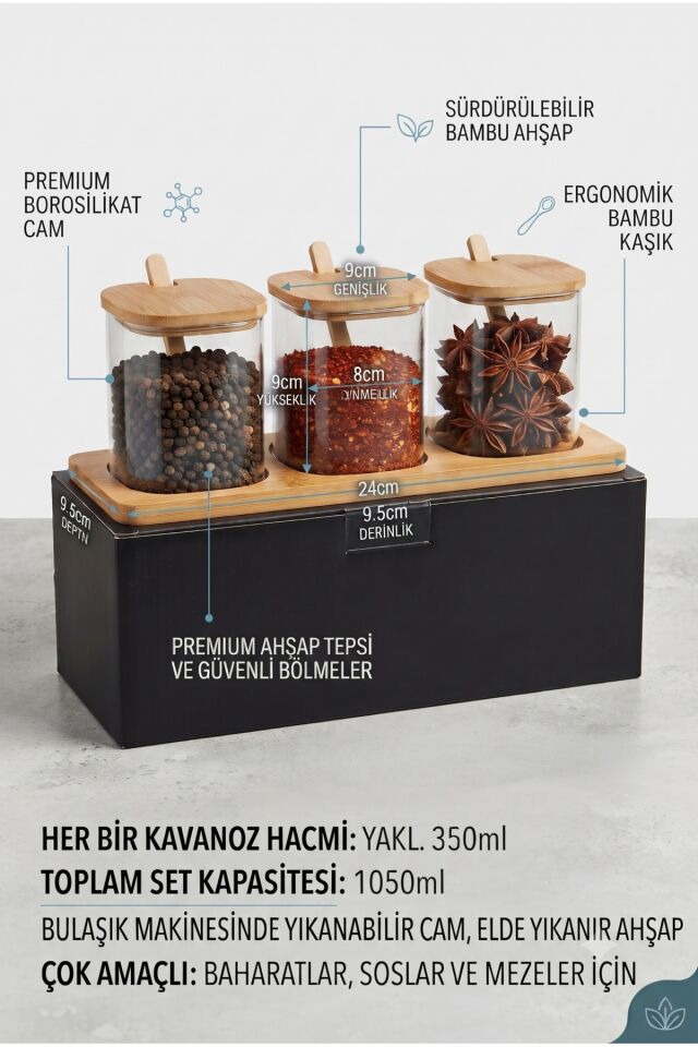 Bambu Kapaklı Kaşıklı 3'lü Borosilikat Cam Baharatlık Seti ve Ahşap Standlı Organizer (3 x 350 ml)