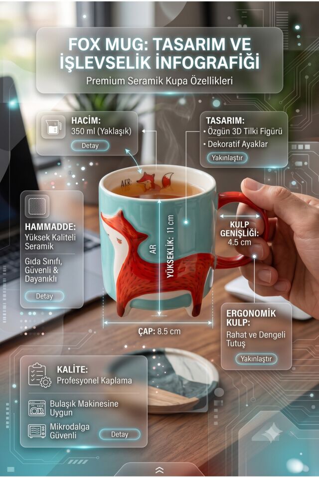 3D Tilki Figürlü Premium Seramik Kupa 350 ml - Bulaşık Makinesi ve Mikrodalgaya Uygun Hediyelik Mug
