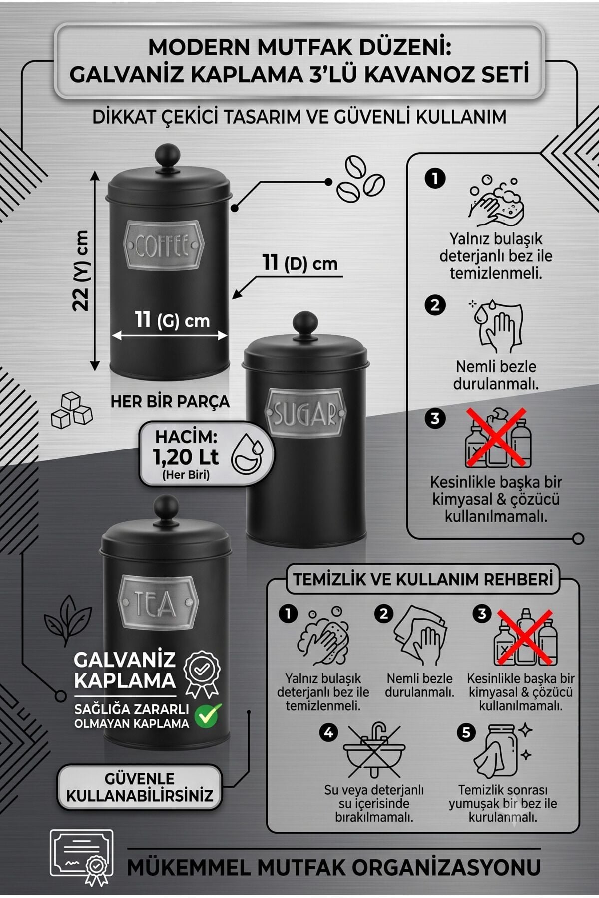 Galvaniz 3'lü Çay Şeker Kahve Kavanoz Seti 1.20 Lt Erzak Saklama Kabı