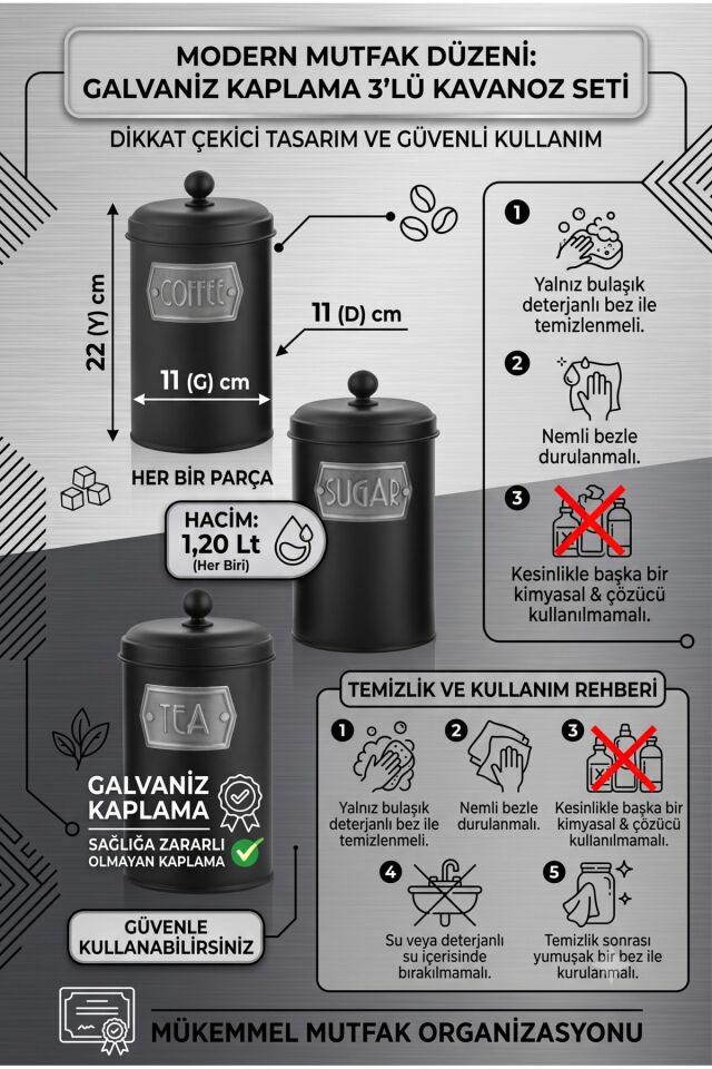 Galvaniz 3'lü Çay Şeker Kahve Kavanoz Seti 1.20 Lt Erzak Saklama Kabı